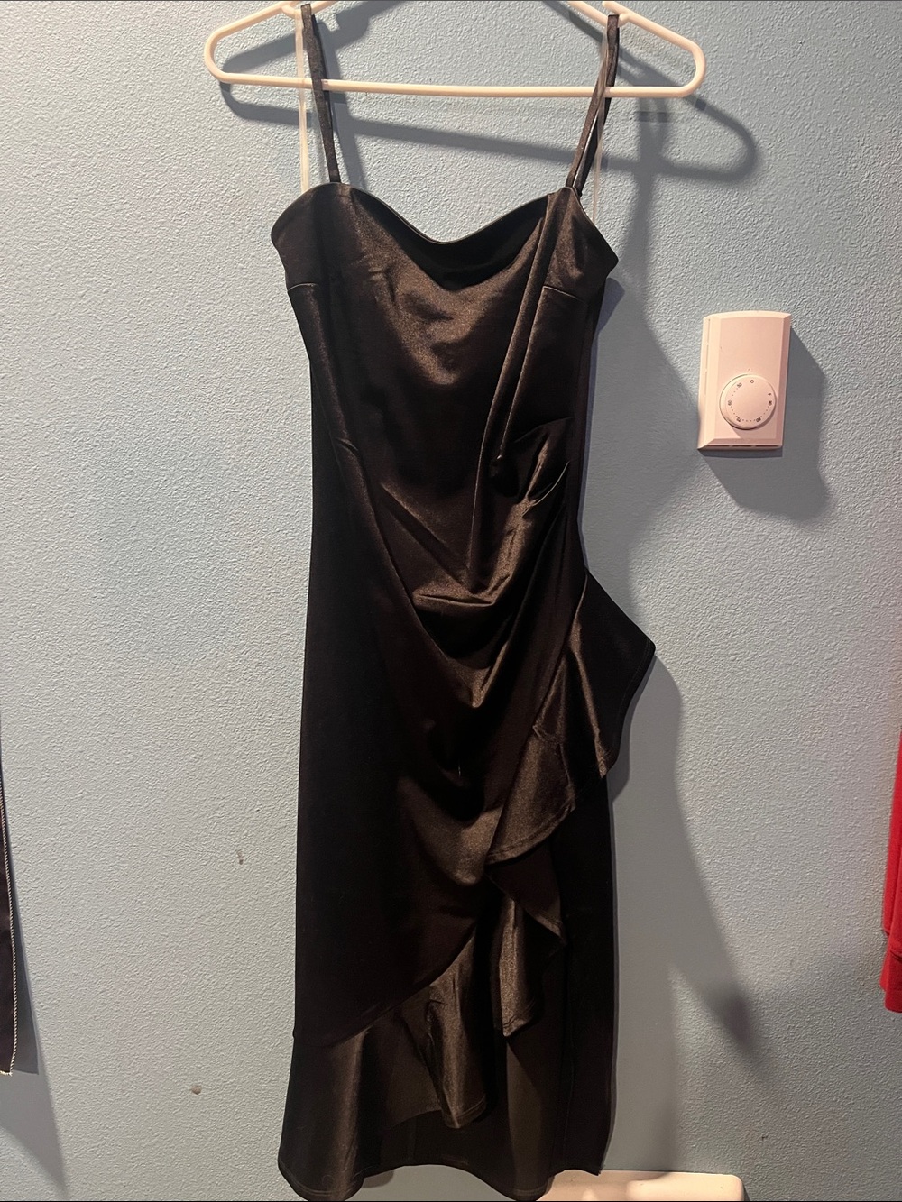 Elegant Black Satin Slip Dress with Draped Ruffle